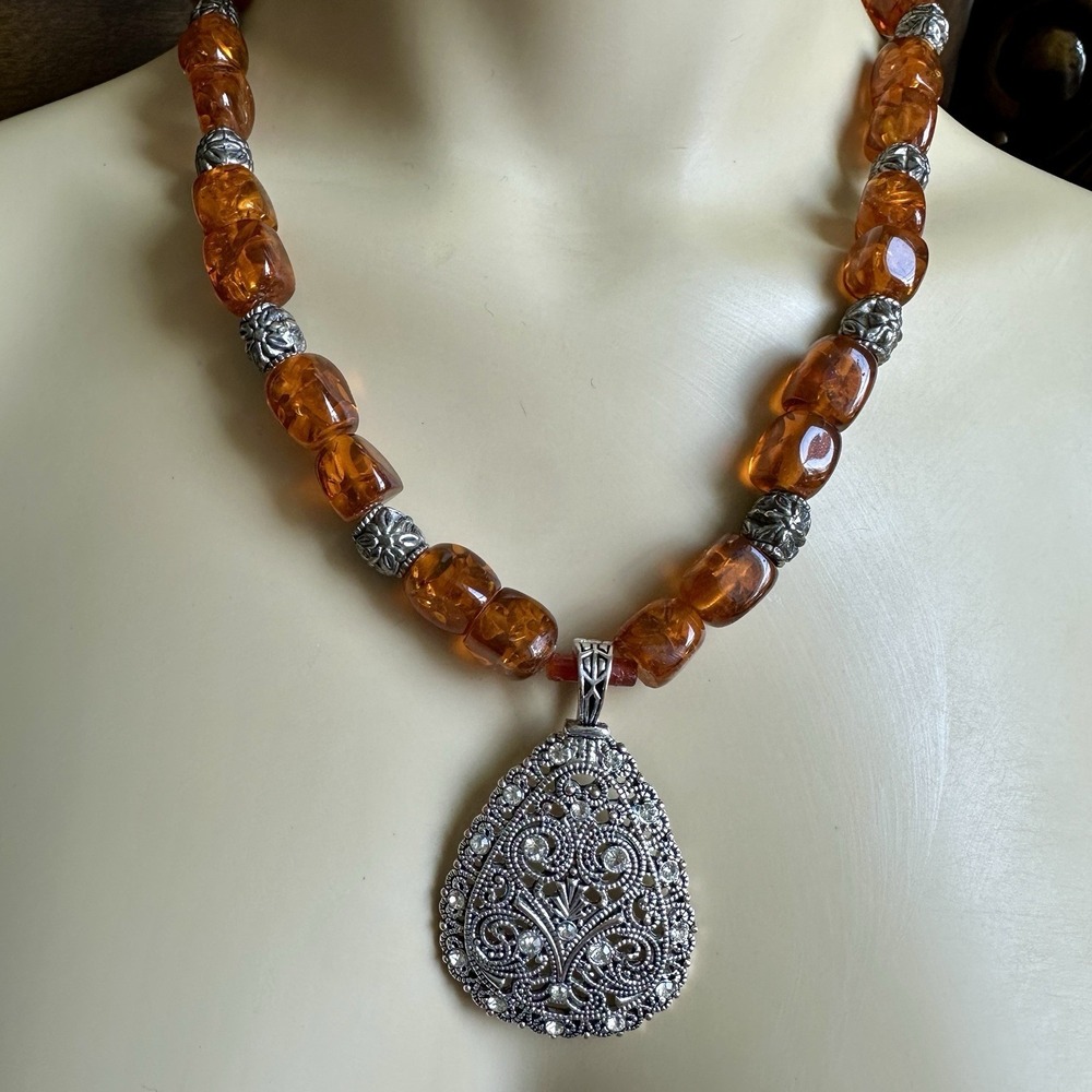 Vintage Pendant Necklace 20 Inch Baltic Amber Beads Cognac Honey Ornate Crystals